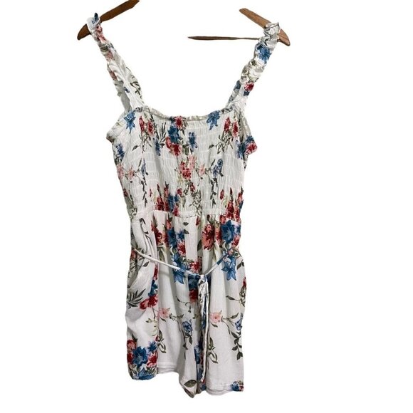 Lily Rose Womens White Floral Smocked Tie Waist Pockets Sleeveless Romper XL - Picture 2 of 8